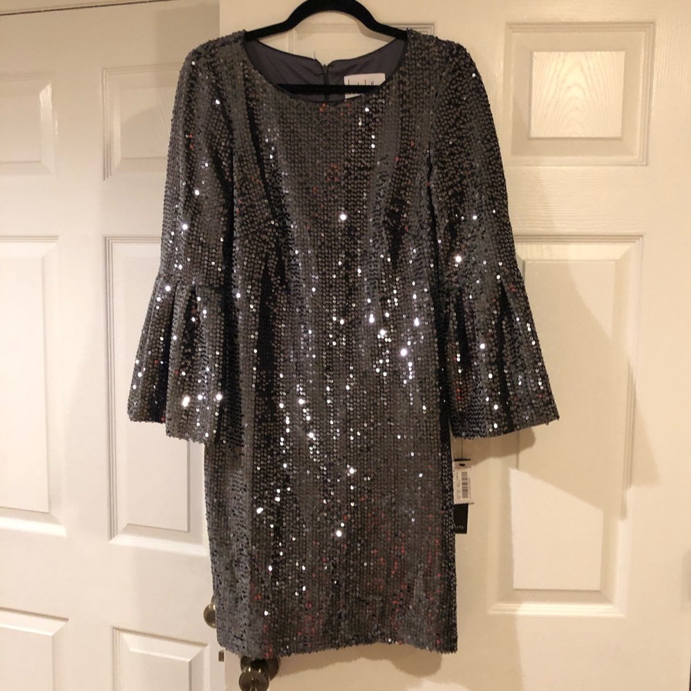 Nicole Miller Bell-Sleeve Grey Sequin Dress 6